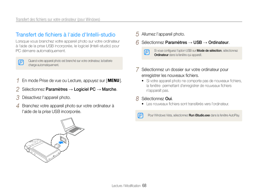 Samsung EC-PL90ZZBARE1, EC-PL90ZZBPRE1, EC-PL90ZZBPEE1, EC-PL90ZZBPAE1 manual Transfert de fichiers à laide dIntelli-studio 