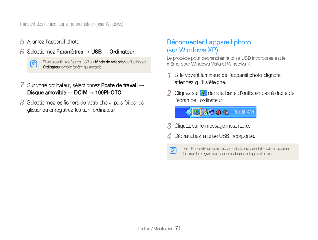 Samsung EC-PL90ZZBPRE1, EC-PL90ZZBARE1, EC-PL90ZZBPEE1, EC-PL90ZZBPAE1 manual Déconnecter lappareil photo sur Windows XP 