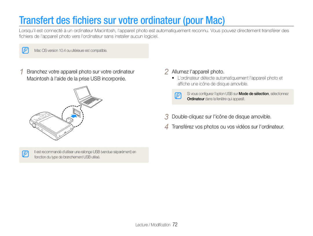 Samsung EC-PL90ZZBARE1, EC-PL90ZZBPRE1 manual Transfert des fichiers sur votre ordinateur pour Mac, Allumez lappareil photo 