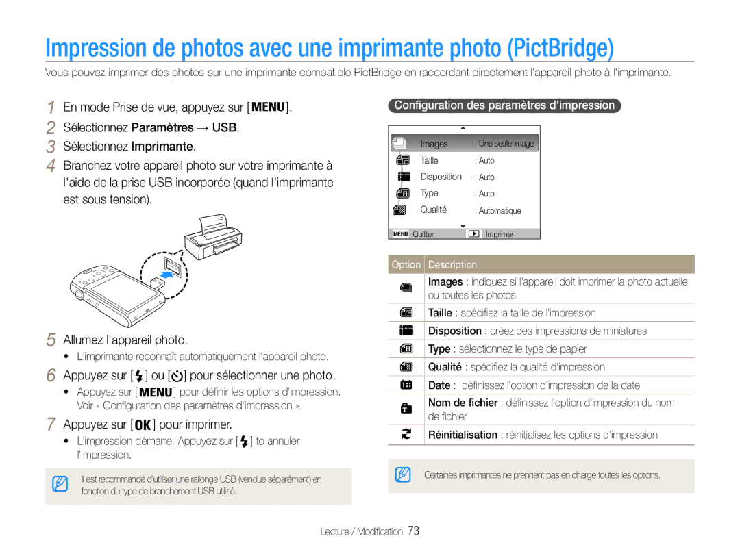 Samsung EC-PL90ZZBPEE1, EC-PL90ZZBPRE1 manual Impression de photos avec une imprimante photo PictBridge, Pour imprimer 