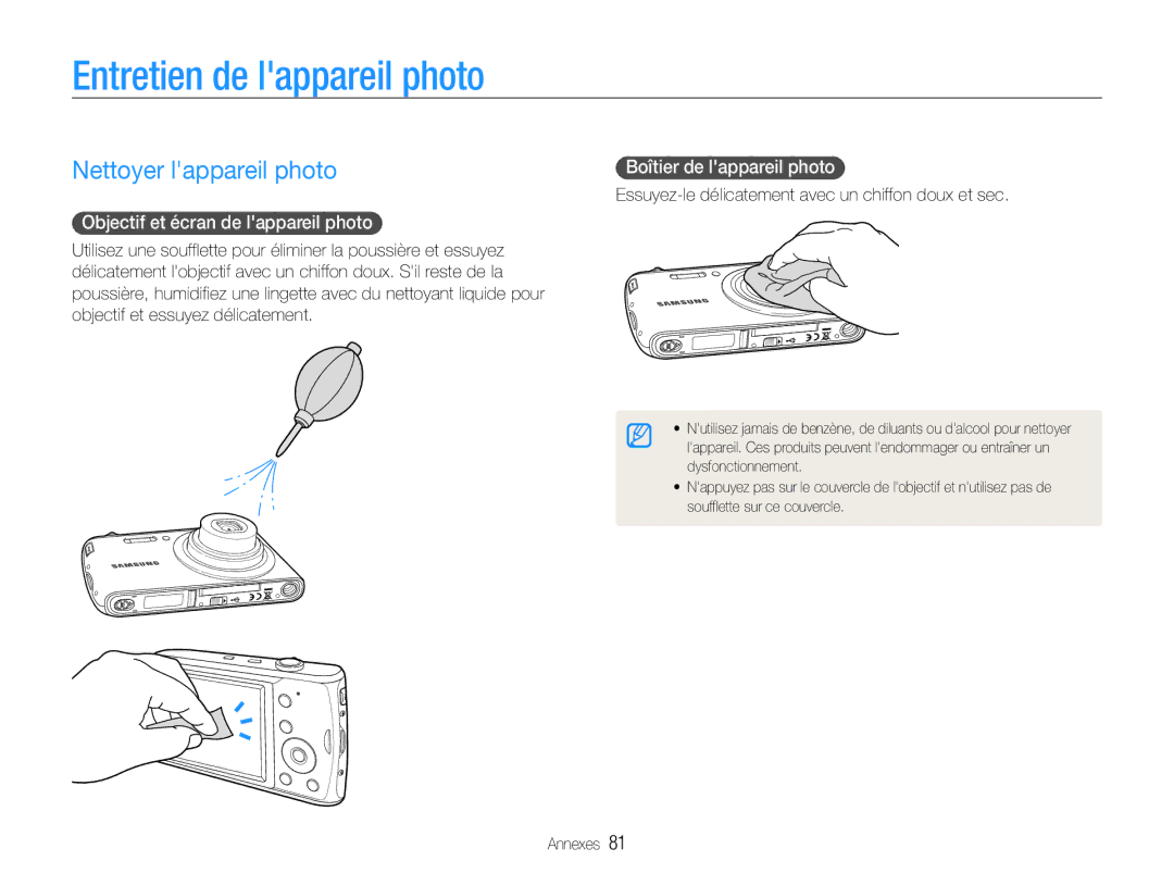 Samsung EC-PL90ZZBPEE1 manual Entretien de lappareil photo, Nettoyer lappareil photo, Objectif et écran de lappareil photo 