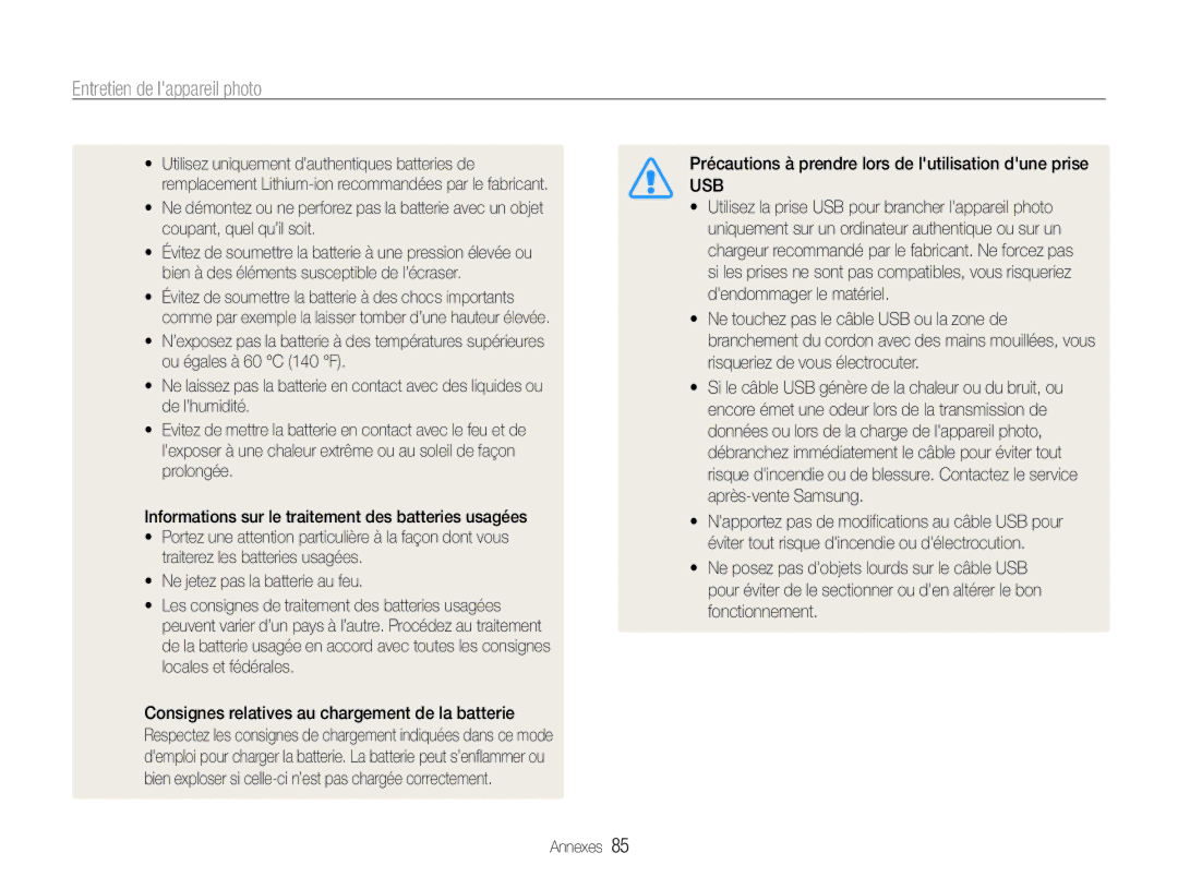 Samsung EC-PL90ZZBPEE1, EC-PL90ZZBPRE1, EC-PL90ZZBARE1, EC-PL90ZZBPAE1 Précautions à prendre lors de lutilisation dune prise 