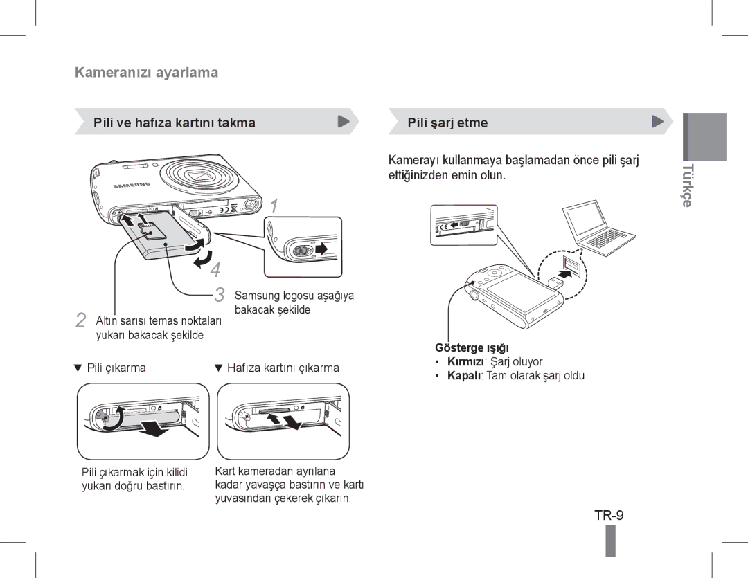 Samsung EC-PL90ZZBARE3, EC-PL90ZZBPRE1, EC-PL90ZZBARE1 manual Pili ve hafıza kartını takma Pili şarj etme, Gösterge ışığı 