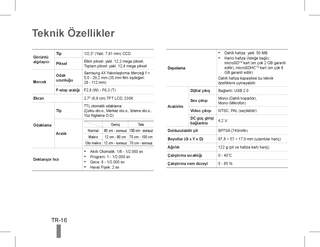 Samsung EC-PL90ZZBPRE2, EC-PL90ZZBPRE1, EC-PL90ZZBARE1, EC-PL90ZZBPEE1, EC-PL90ZZBPAE1 manual Teknik Özellikler, Depolama 