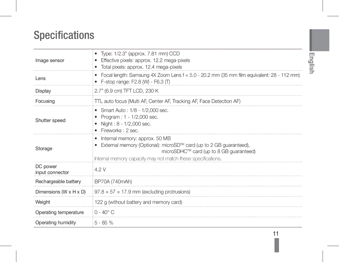 Samsung EC-PL90ZZDAAME, EC-PL90ZZBPRE1 manual Specifications, Image sensor Lens Display Focusing Shutter speed Storage 