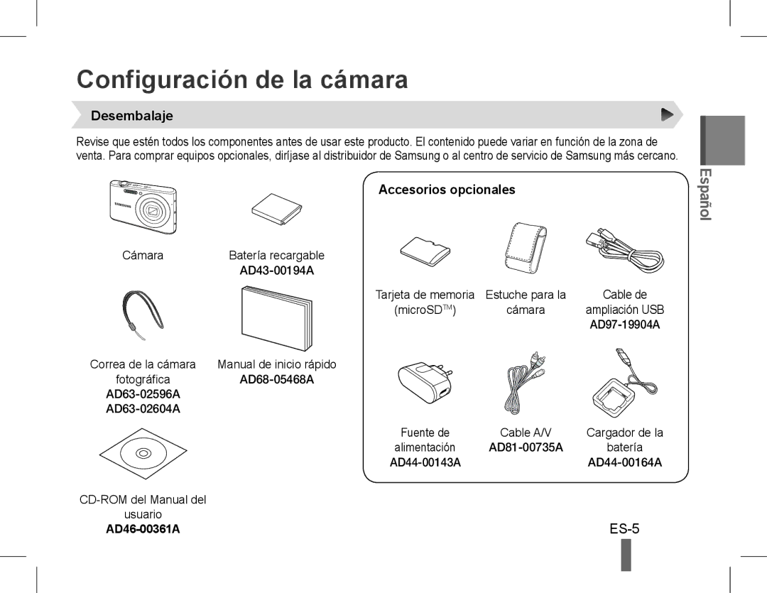 Samsung EC-PL90ZZDPAME manual Configuración de la cámara, Desembalaje, Accesorios opcionales, AD81-00735A, AD46-00361A 