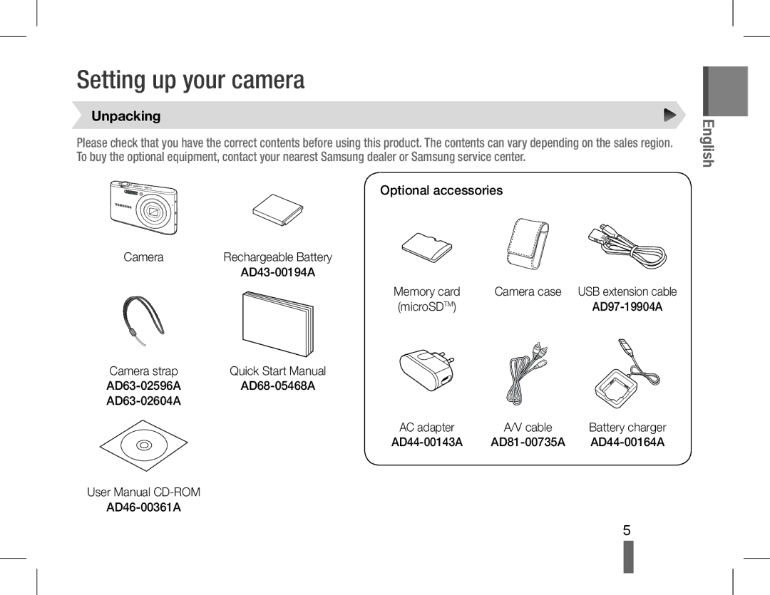 Samsung EC-PL90ZZBAEIT, EC-PL90ZZBPRE1, EC-PL90ZZBARE1 manual Setting up your camera, Unpacking, Optional accessories 