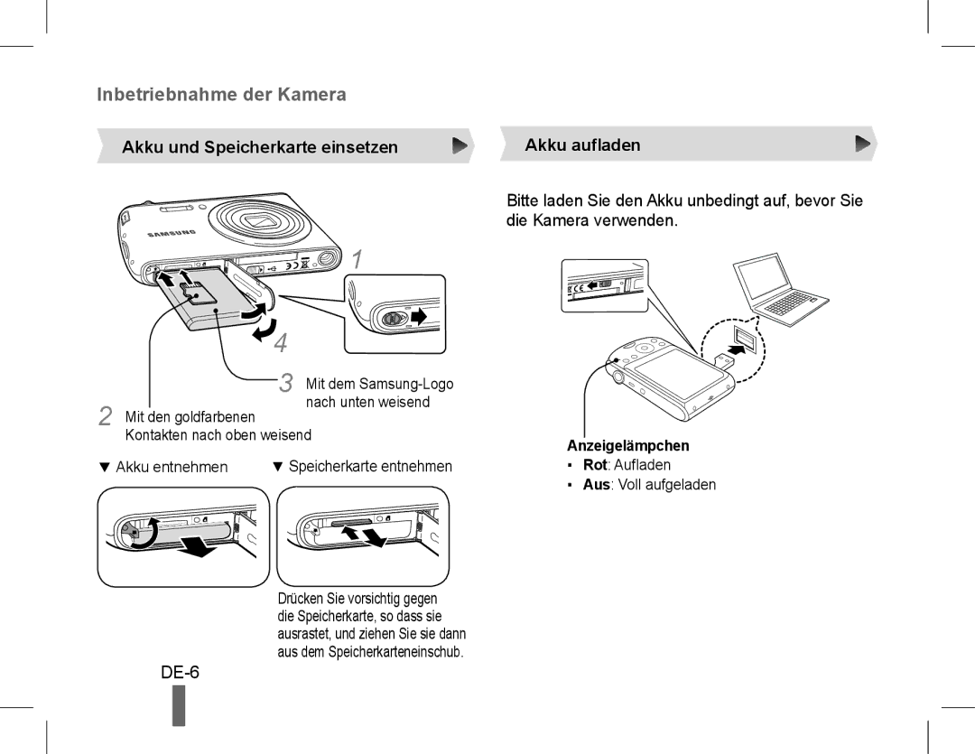 Samsung EC-PL90ZZBPEIL, EC-PL90ZZBPRE1 manual DE-6, Akku und Speicherkarte einsetzen Akku aufladen, Anzeigelämpchen 