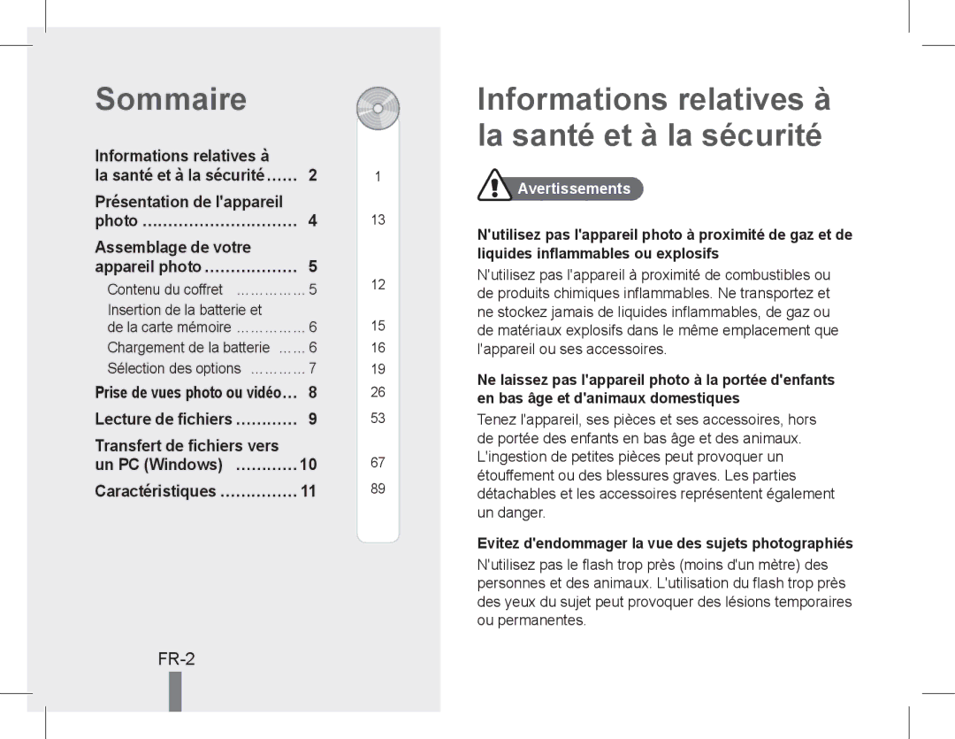 Samsung EC-PL90ZZBDAVN, EC-PL90ZZBPRE1 Sommaire, Informations relatives à la santé et à la sécurité, FR-2, Avertissements 