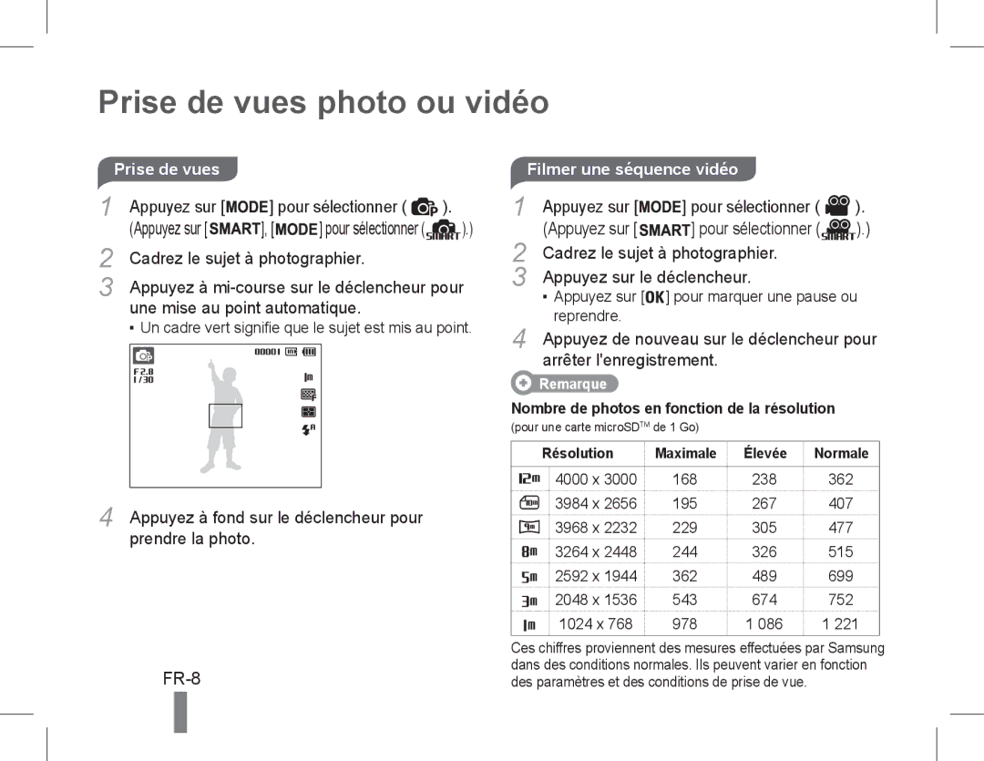 Samsung EC-PL90ZZBAAE2, EC-PL90ZZBPRE1, EC-PL90ZZBARE1 manual Prise de vues photo ou vidéo, FR-8, Filmer une séquence vidéo 