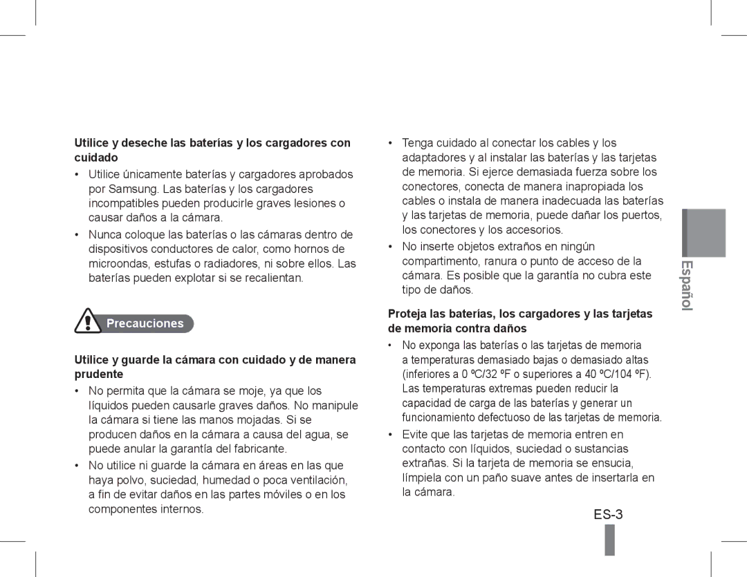 Samsung EC-PL90ZZBPERU, EC-PL90ZZBPRE1 ES-3, Utilice y deseche las baterías y los cargadores con cuidado, Precauciones 