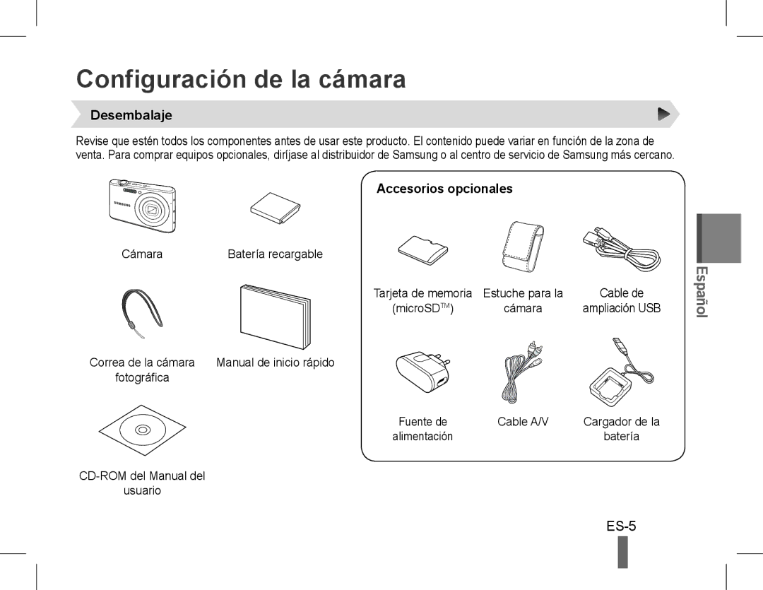 Samsung EC-PL90ZZBPRRU, EC-PL90ZZBPRE1, EC-PL90ZZBARE1 Configuración de la cámara, ES-5, Desembalaje, Accesorios opcionales 