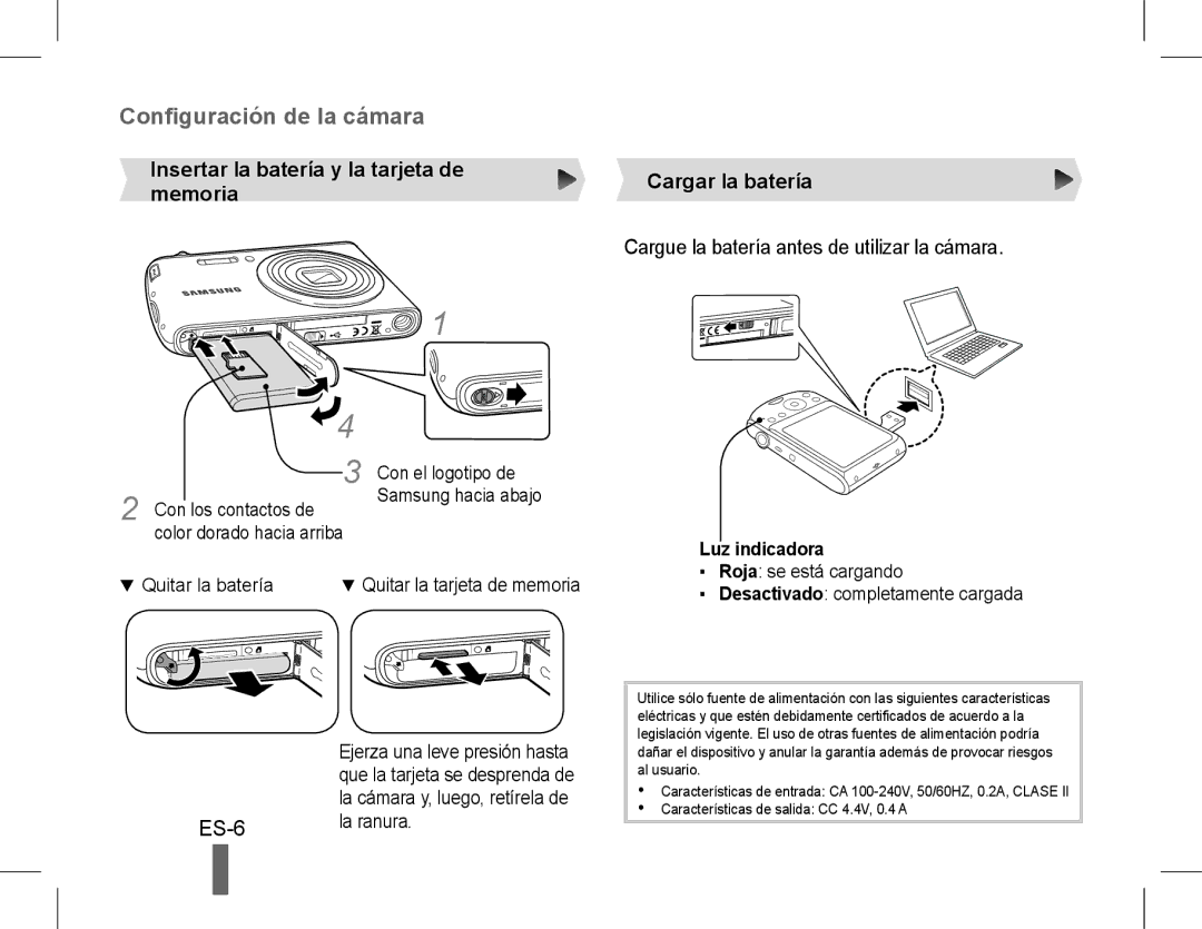 Samsung EC-PL90ZZBARIL, EC-PL90ZZBPRE1, EC-PL90ZZBARE1 ES-6, Cargue la batería antes de utilizar la cámara, Luz indicadora 