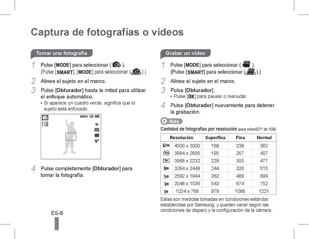 Samsung EC-PL90ZZBARE1, EC-PL90ZZBPRE1, EC-PL90ZZBPEE1 manual Captura de fotografías o vídeos, ES-8, Grabar un vídeo 