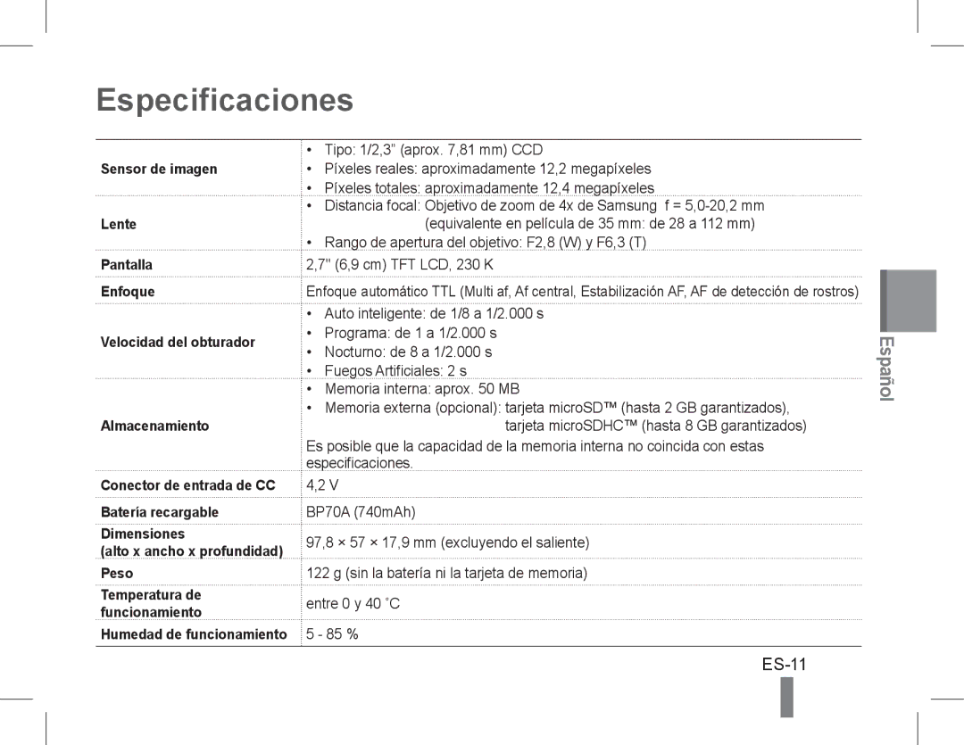 Samsung EC-PL90ZZBAAIT, EC-PL90ZZBPRE1, EC-PL90ZZBARE1 manual Especificaciones, ES-11, Batería recargable Dimensiones, Peso 