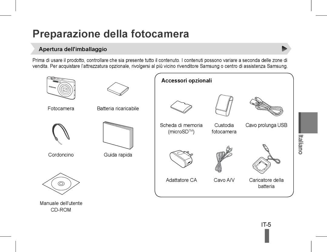 Samsung EC-PL90ZZDAEIR, EC-PL90ZZBPRE1 Preparazione della fotocamera, IT-5, Apertura dellimballaggio, Accessori opzionali 