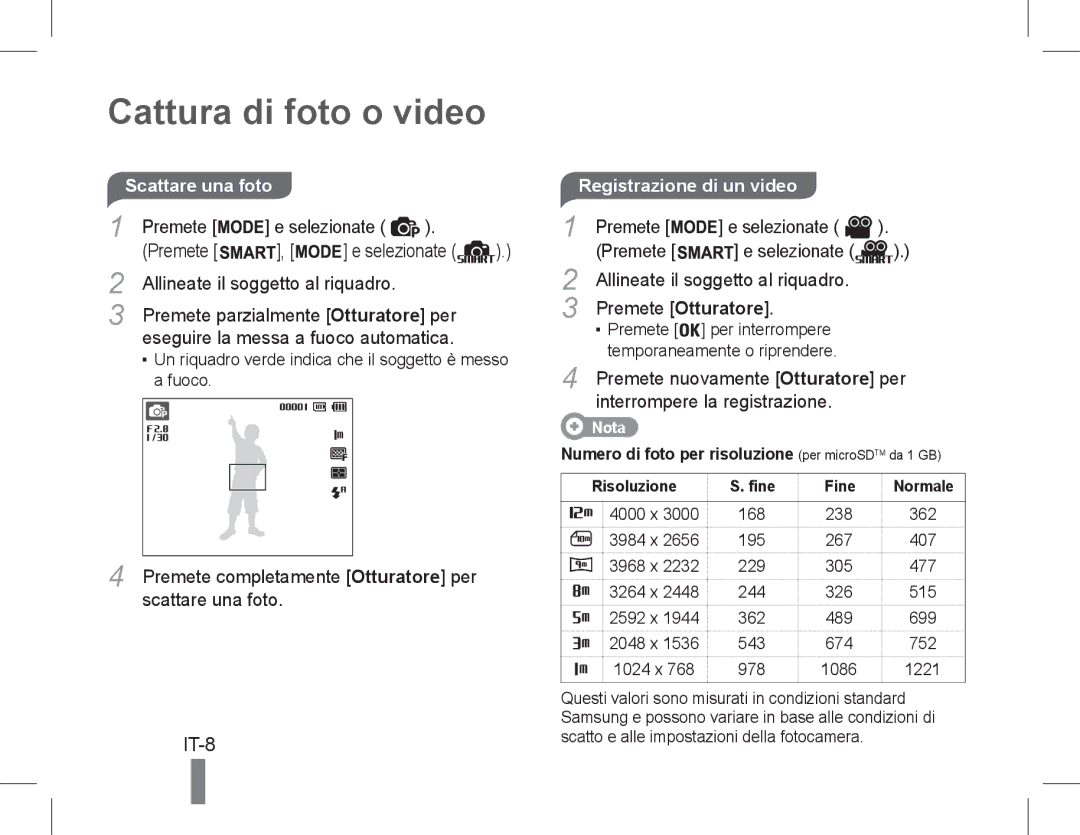 Samsung EC-PL90ZZDAAME, EC-PL90ZZBPRE1, EC-PL90ZZBARE1 manual Cattura di foto o video, IT-8, Registrazione di un video 