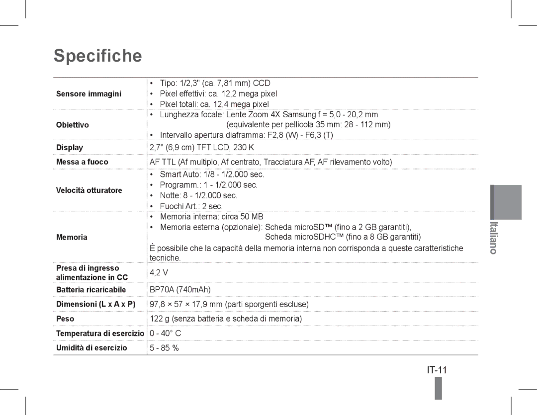 Samsung EC-PL90ZZBPAIL, EC-PL90ZZBPRE1, EC-PL90ZZBARE1, EC-PL90ZZBPEE1, EC-PL90ZZBPAE1, EC-PL90ZZBAAIT manual Specifiche, IT-11 