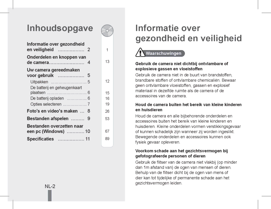 Samsung EC-PL90ZZDPAME manual Inhoudsopgave, Informatie over gezondheid en veiligheid, NL-2, Specificaties… ……………… 