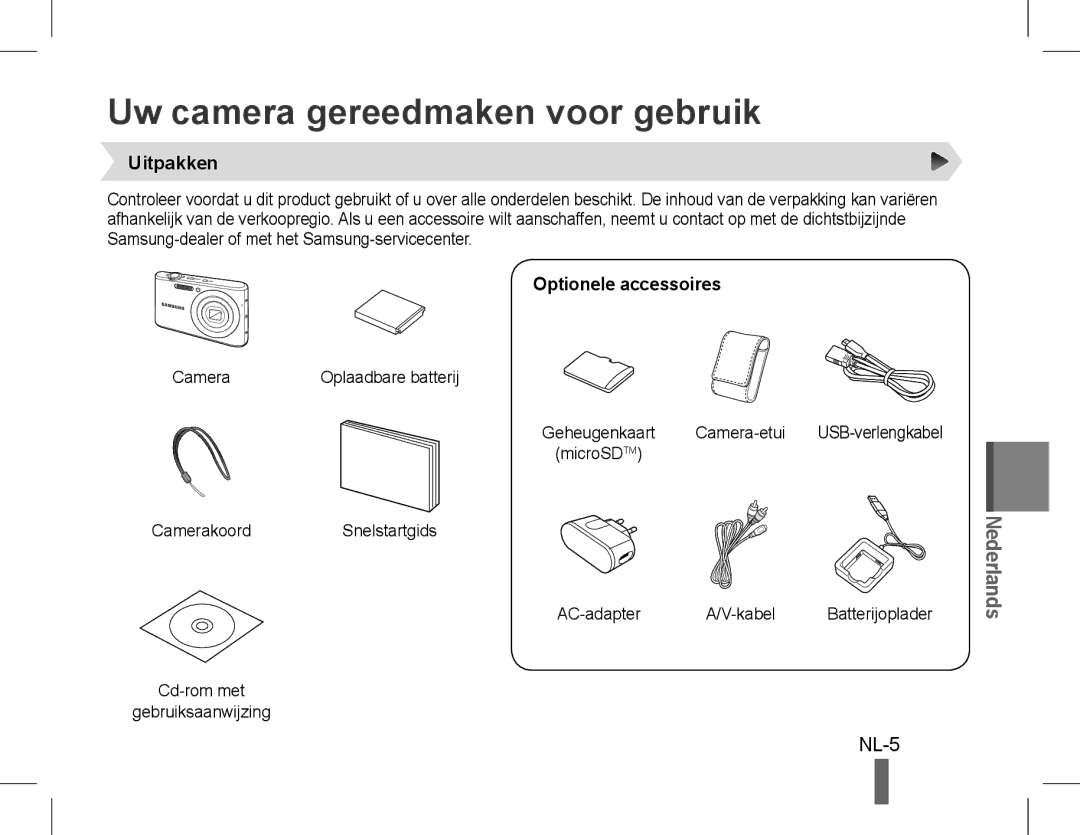 Samsung EC-PL90ZZDARME, EC-PL90ZZBPRE1 manual Uw camera gereedmaken voor gebruik, NL-5, Uitpakken, Optionele accessoires 