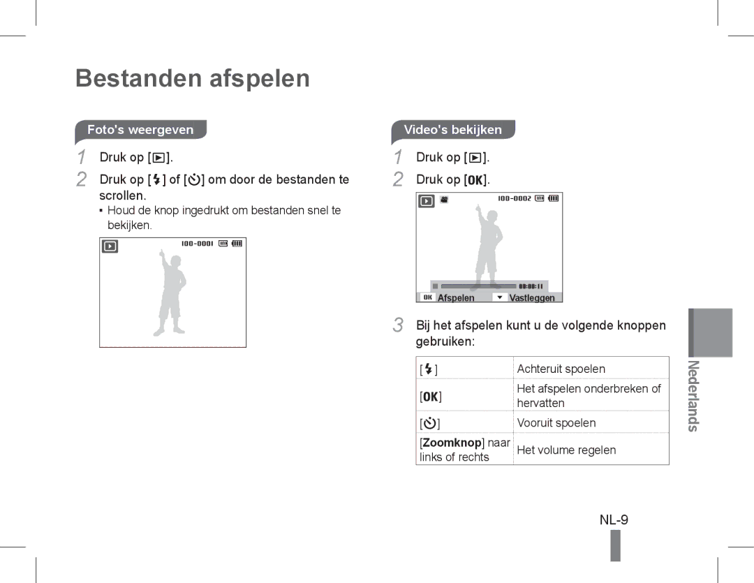 Samsung EC-PL90ZZBDAVN, EC-PL90ZZBPRE1, EC-PL90ZZBARE1, EC-PL90ZZBPEE1 manual Bestanden afspelen, NL-9, Videos bekijken 