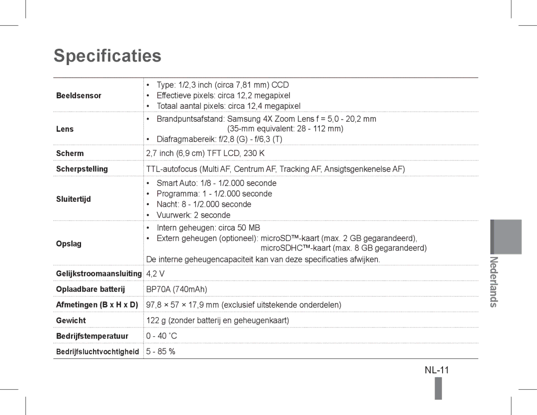 Samsung EC-PL90ZZBAEE3, EC-PL90ZZBPRE1, EC-PL90ZZBARE1, EC-PL90ZZBPEE1, EC-PL90ZZBPAE1, EC-PL90ZZBAAIT Specificaties, NL-11 