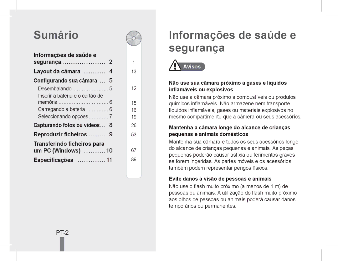 Samsung EC-PL90ZZBARE3 Sumário, Informações de saúde e segurança, PT-2, Layout da câmara… …………, Especificações… …………… 