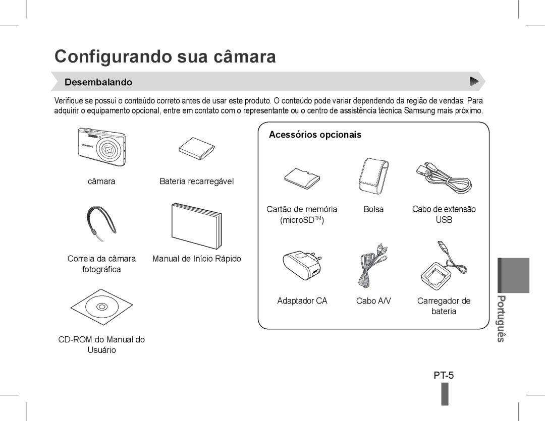 Samsung EC-PL90ZZBAAE2, EC-PL90ZZBPRE1, EC-PL90ZZBARE1 Configurando sua câmara, PT-5, Desembalando, Acessórios opcionais 