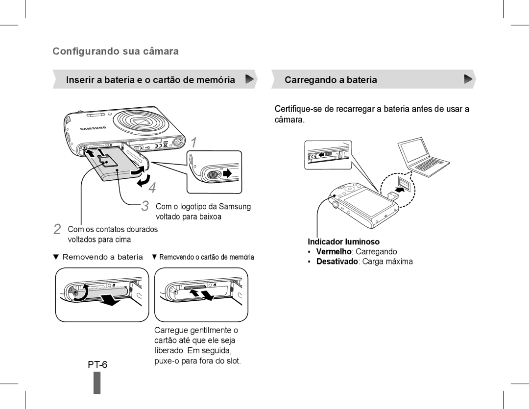 Samsung EC-PL90ZZBAEE2 manual PT-6, Inserir a bateria e o cartão de memória, Carregando a bateria, Indicador luminoso 