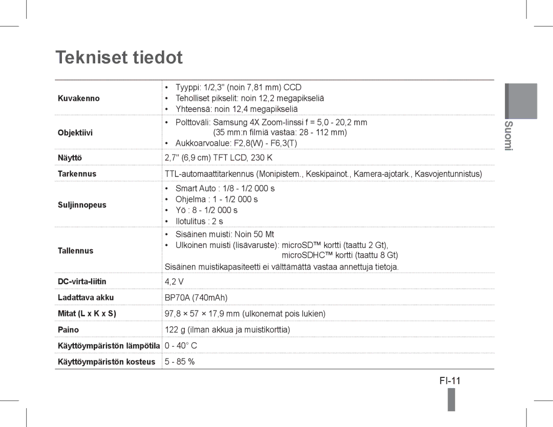 Samsung EC-PL90ZZBPRIL, EC-PL90ZZBPRE1, EC-PL90ZZBARE1, EC-PL90ZZBPEE1 manual Tekniset tiedot, FI-11, Kuvakenno, Objektiivi 