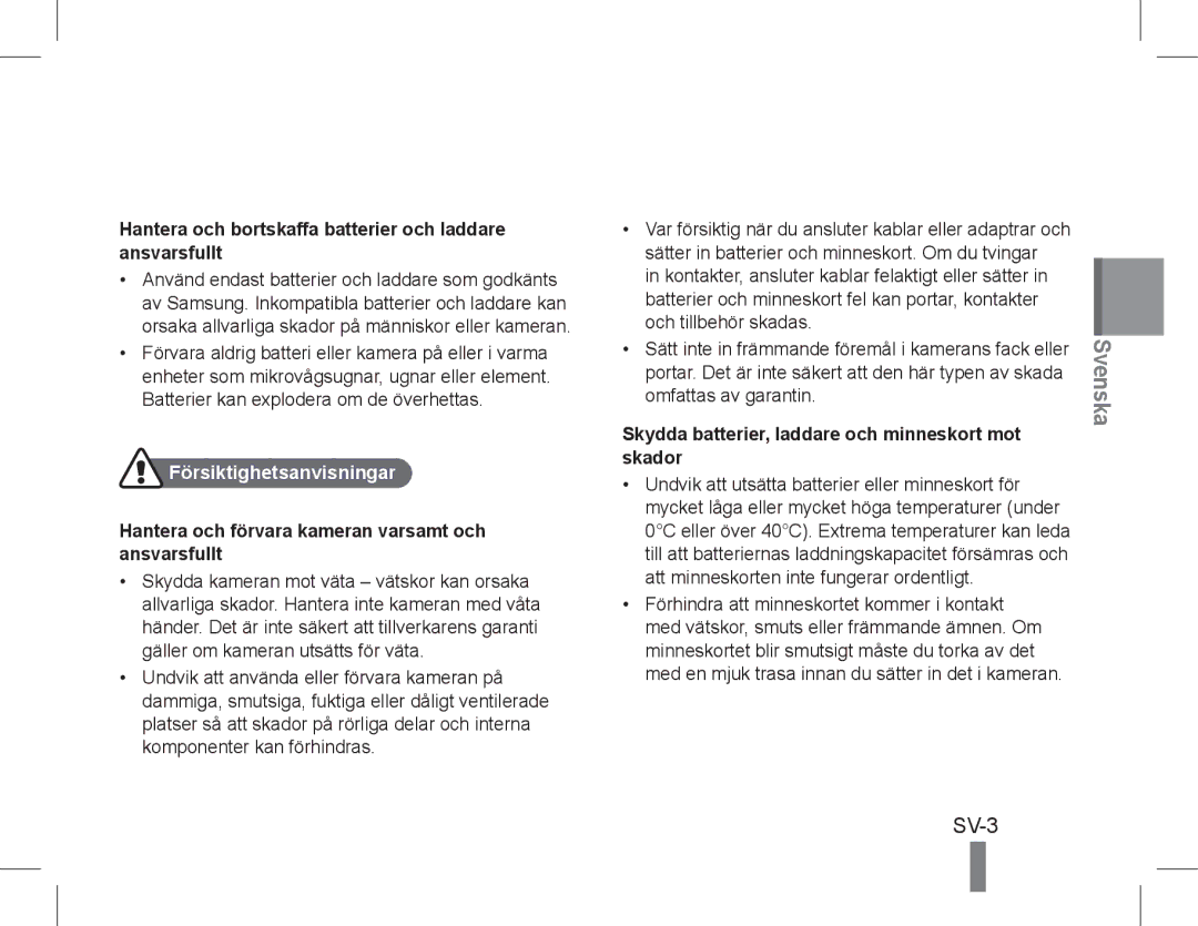 Samsung EC-PL90ZZBDRVN manual SV-3, Hantera och bortskaffa batterier och laddare ansvarsfullt, Försiktighetsanvisningar 