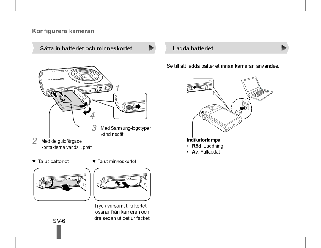 Samsung EC-PL90ZZBAAE3, EC-PL90ZZBPRE1 manual SV-6, Sätta in batteriet och minneskortet, Ladda batteriet, Indikatorlampa 