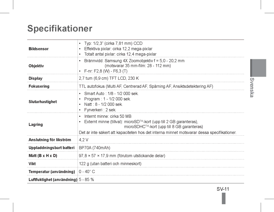 Samsung EC-PL90ZZBPAE2, EC-PL90ZZBPRE1, EC-PL90ZZBARE1, EC-PL90ZZBPEE1, EC-PL90ZZBPAE1, EC-PL90ZZBAAIT Specifikationer, SV-11 