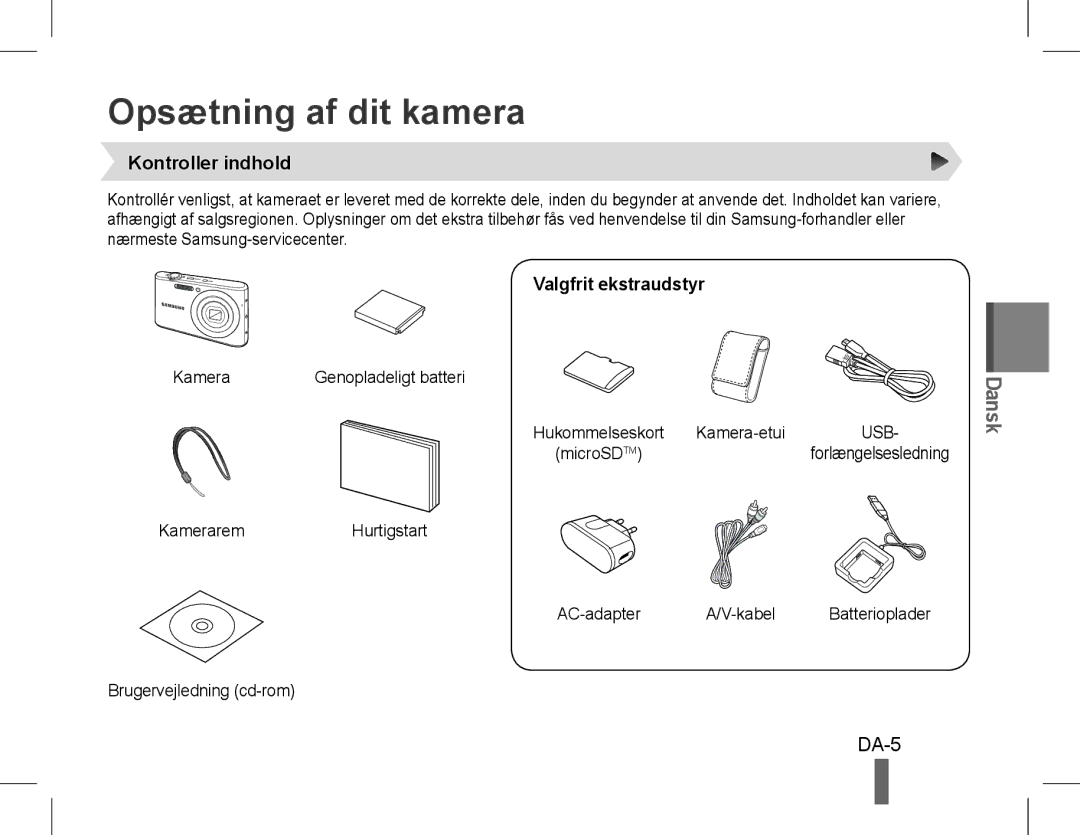 Samsung EC-PL90ZZBPRRU, EC-PL90ZZBPRE1 manual Opsætning af dit kamera, DA-5, Kontroller indhold, Valgfrit ekstraudstyr 