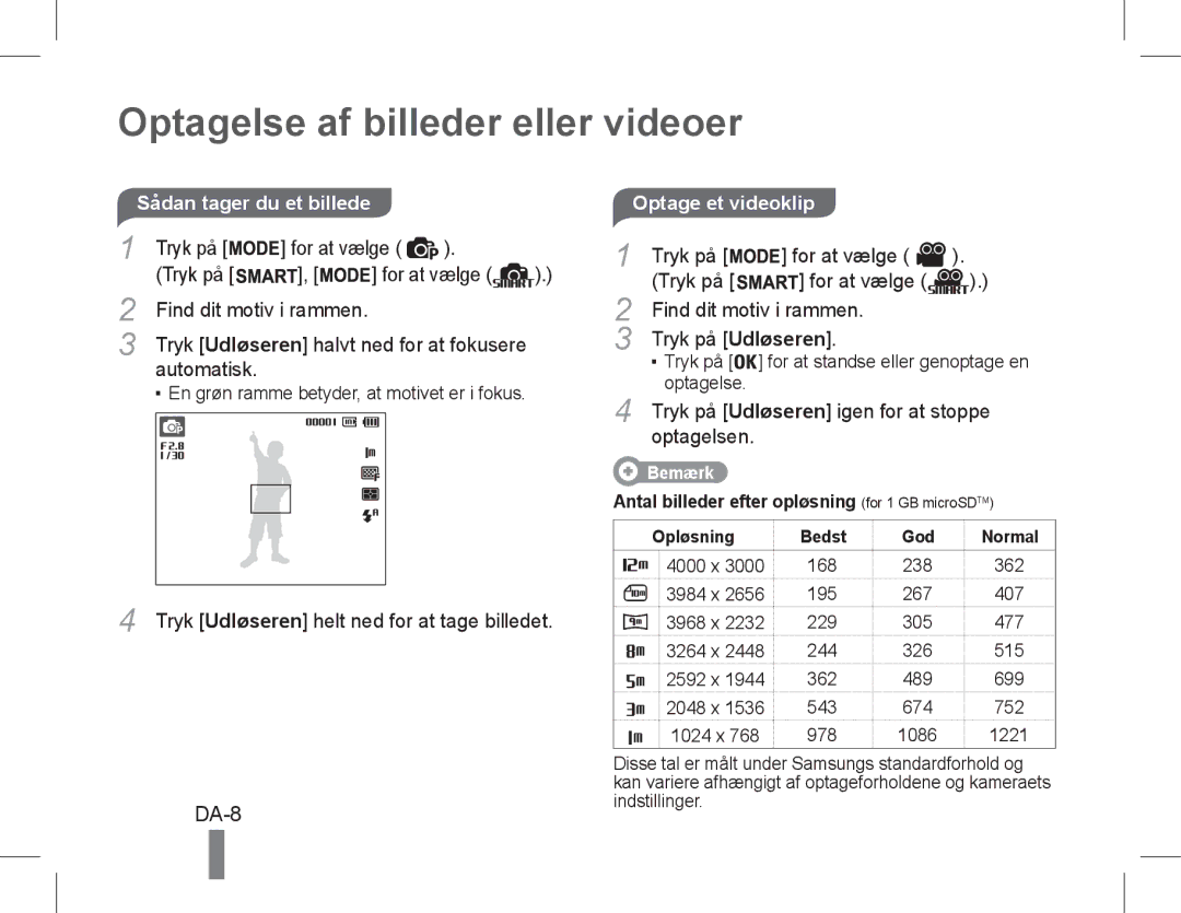 Samsung EC-PL90ZZBARE1, EC-PL90ZZBPRE1, EC-PL90ZZBPEE1, EC-PL90ZZBPAE1 manual Optagelse af billeder eller videoer, DA-8 