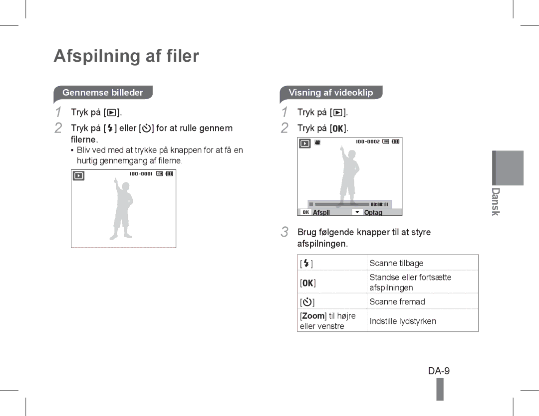 Samsung EC-PL90ZZBPEE1, EC-PL90ZZBPRE1, EC-PL90ZZBARE1, EC-PL90ZZBPAE1 manual Afspilning af filer, DA-9, Visning af videoklip 
