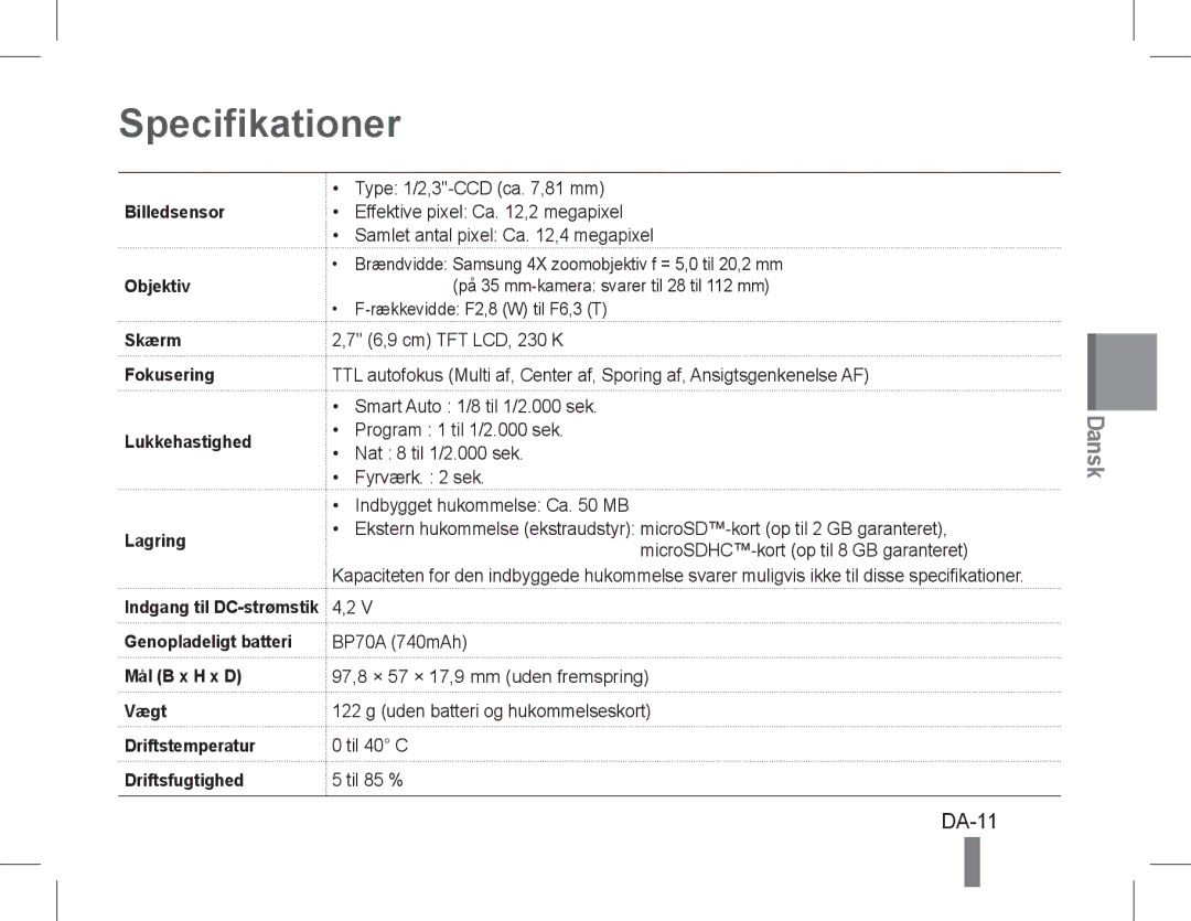 Samsung EC-PL90ZZBAAIT, EC-PL90ZZBPRE1, EC-PL90ZZBARE1 manual DA-11, Billedsensor, Skærm Fokusering Lukkehastighed Lagring 