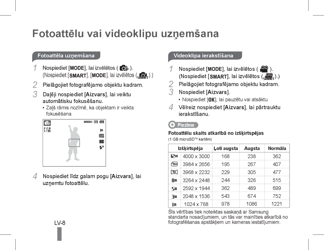 Samsung EC-PL90ZZBPRIL, EC-PL90ZZBPRE1, EC-PL90ZZBARE1, EC-PL90ZZBPEE1 manual Fotoattēlu vai videoklipu uzņemšana, LV-8 