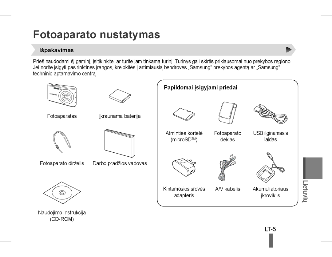 Samsung EC-PL90ZZBAAE2, EC-PL90ZZBPRE1 manual Fotoaparato nustatymas, LT-5, Išpakavimas, Papildomai įsigyjami priedai 