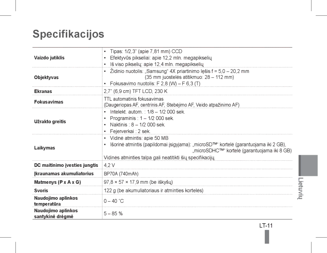 Samsung EC-PL90ZZBPARU, EC-PL90ZZBPRE1, EC-PL90ZZBARE1, EC-PL90ZZBPEE1 manual Specifikacijos, LT-11, Matmenys P x a x G Svoris 