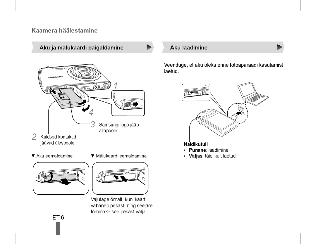 Samsung EC-PL90ZZBPEE1, EC-PL90ZZBPRE1, EC-PL90ZZBARE1 ET-6, Aku ja mälukaardi paigaldamine, Aku laadimine, Näidikutuli 