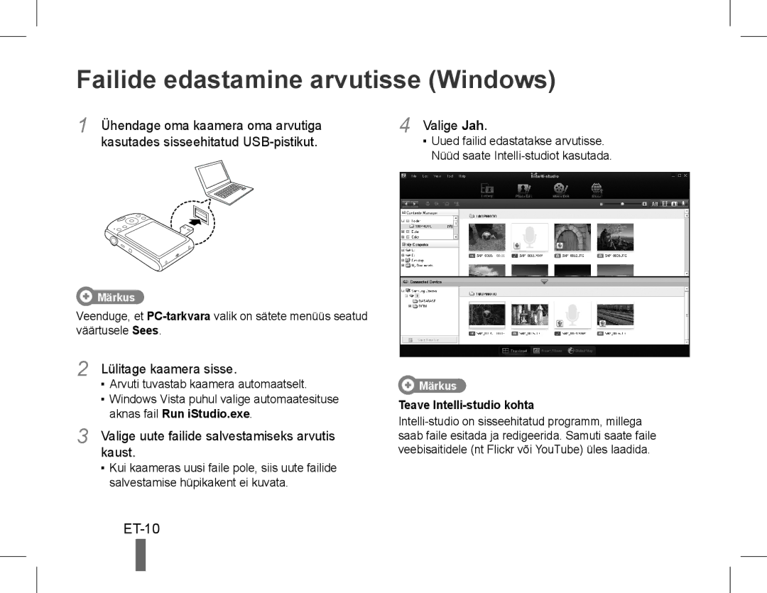 Samsung EC-PL90ZZBAAGB manual Failide edastamine arvutisse Windows, ET-10, Lülitage kaamera sisse, Kaust, Valige Jah 