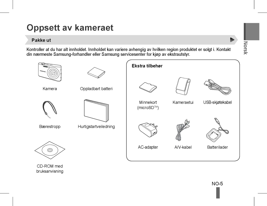 Samsung EC-PL90ZZBPRIL, EC-PL90ZZBPRE1, EC-PL90ZZBARE1, EC-PL90ZZBPEE1 Oppsett av kameraet, NO-5, Pakke ut, Ekstra tilbehør 