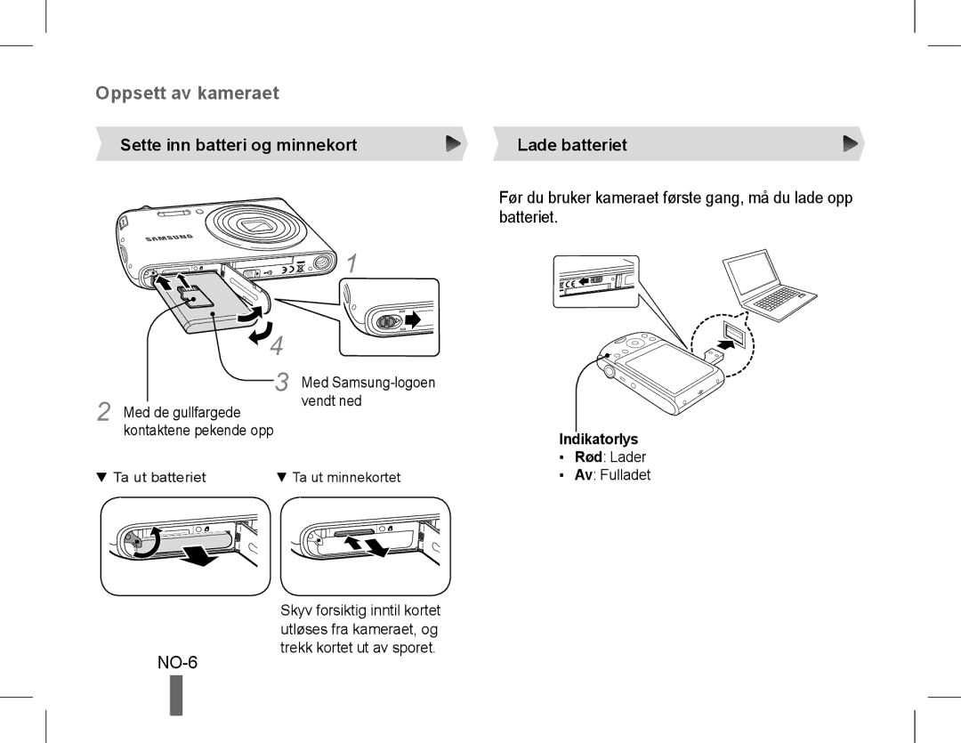 Samsung EC-PL90ZZBDAVN, EC-PL90ZZBPRE1, EC-PL90ZZBARE1 NO-6, Sette inn batteri og minnekort, Lade batteriet, Indikatorlys 