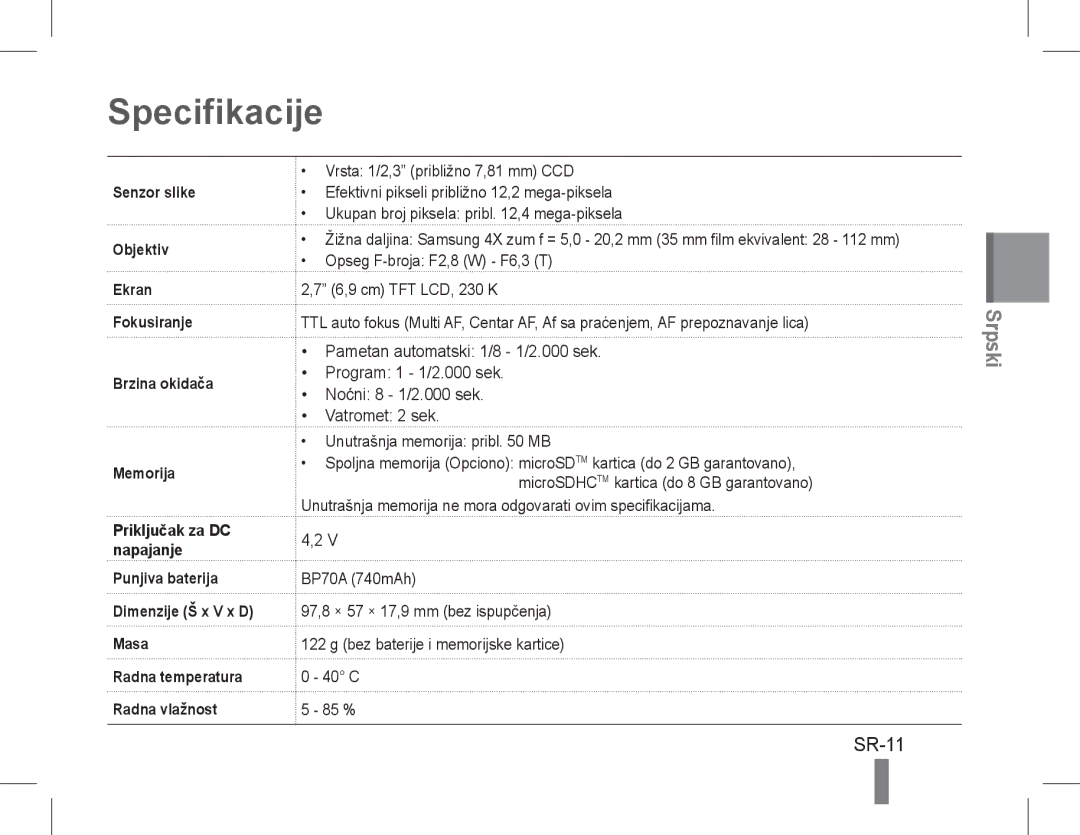 Samsung EC-PL90ZZBPASA, EC-PL90ZZBPRE1, EC-PL90ZZBARE1, EC-PL90ZZBPEE1, EC-PL90ZZBPAE1, EC-PL90ZZBAAIT Specifikacije, SR-11 