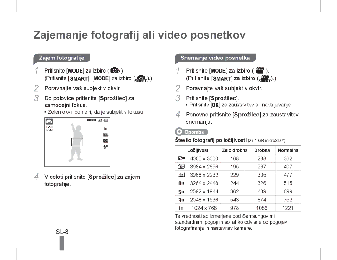 Samsung EC-PL90ZZDARIR, EC-PL90ZZBPRE1 manual Zajemanje fotografij ali video posnetkov, SL-8, Snemanje video posnetka 