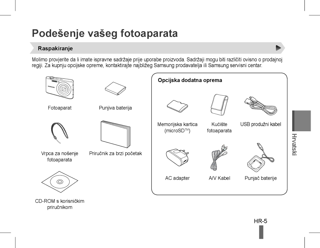 Samsung EC-PL90ZZBAEE3, EC-PL90ZZBPRE1 manual Podešenje vašeg fotoaparata, HR-5, Raspakiranje, Opcijska dodatna oprema 