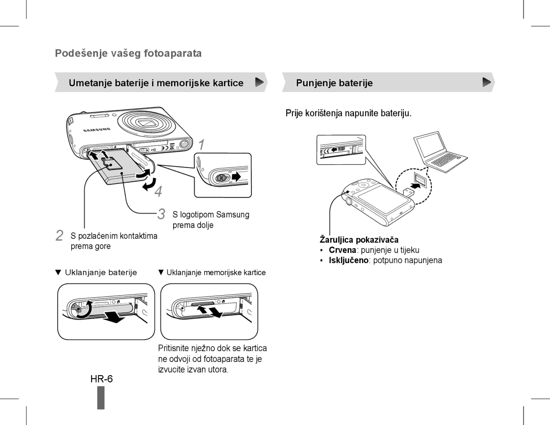 Samsung EC-PL90ZZBARE3 manual Podešenje vašeg fotoaparata, HR-6, Umetanje baterije i memorijske kartice, Punjenje baterije 