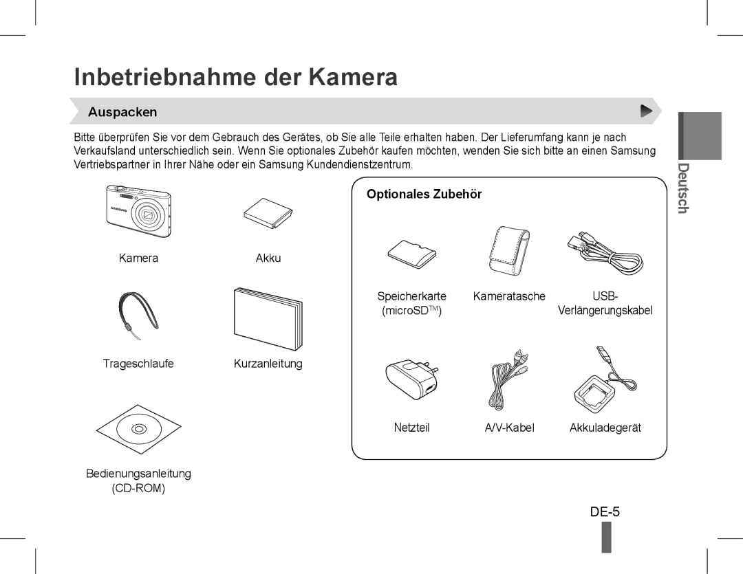 Samsung EC-PL90ZZDPAME, EC-PL90ZZBPRE1, EC-PL90ZZBARE1 manual Inbetriebnahme der Kamera, DE-5, Auspacken, Optionales Zubehör 