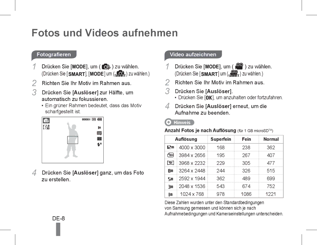 Samsung EC-PL90ZZDARME, EC-PL90ZZBPRE1, EC-PL90ZZBARE1, EC-PL90ZZBPEE1 Fotos und Videos aufnehmen, DE-8, Video aufzeichnen 